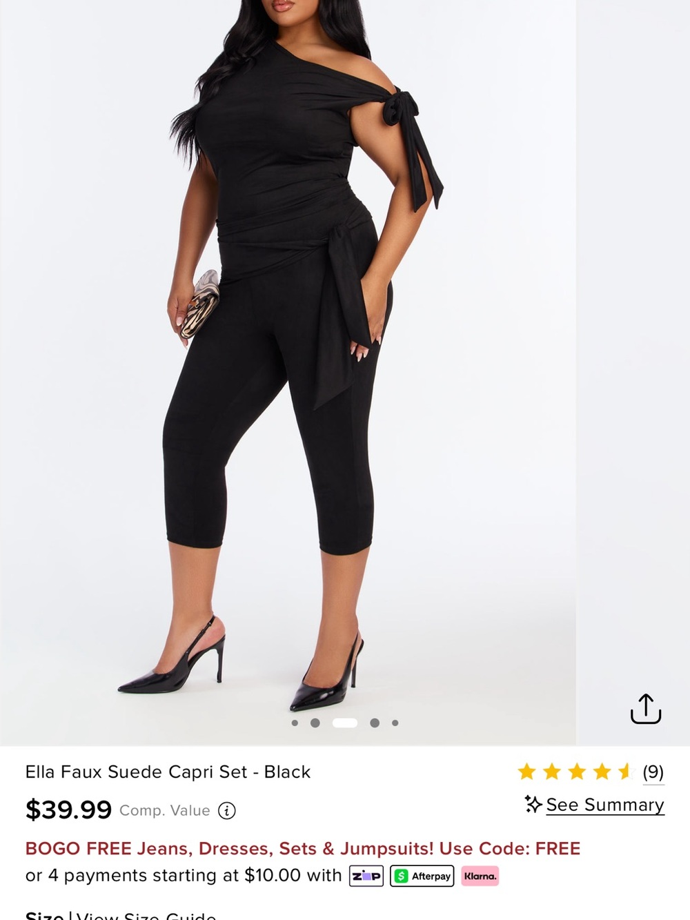 Fashion Nova Black One-Shoulder Faux Suede Capri Set with Side Tie